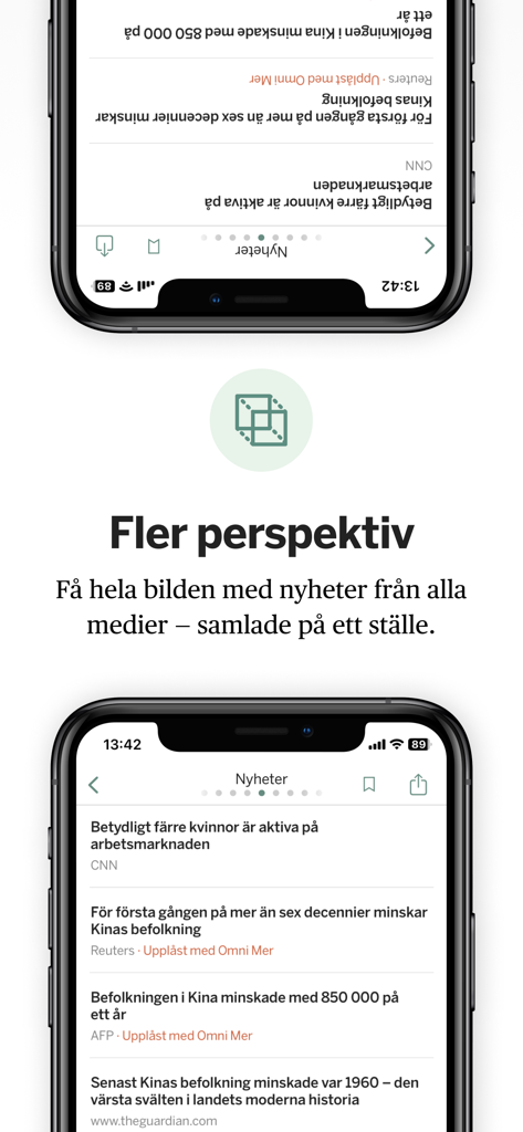 Smartphone screens showing the Omni news app interface with headlines from various global media sources like CNN and Reuters