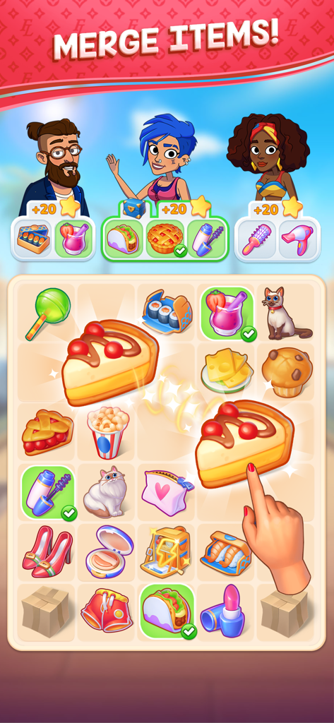 Jess' Stories - Life Adventure - A merge puzzle grid in Jess Stories showing a hand merging two slices of pie with various food and fashion items on the board