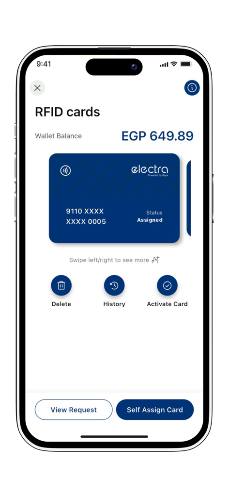 Electra By Raya - Pantalla de gestión de tarjetas RFID en la aplicación de carga de VE Electra By Raya que muestra el saldo de la billetera y los detalles de la tarjeta.