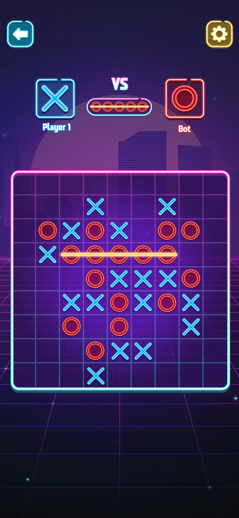 Tic Tac Toe - No Wifi Games - Gameplay of Tic Tac Toe with a neon theme on a large grid playing against a bot.