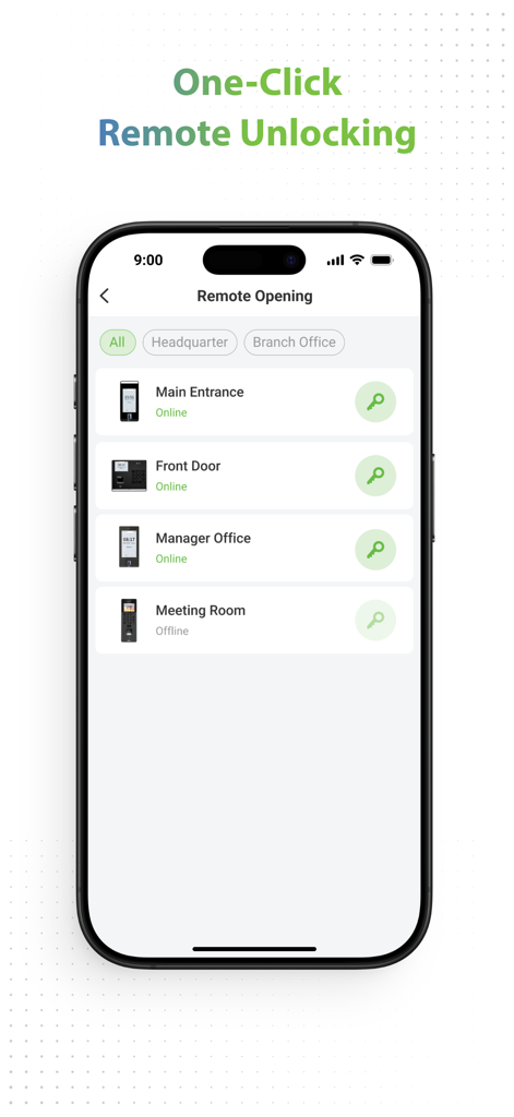 ZKBio Zlink - Mobile app interface showing one-click remote unlocking for office doors like the main entrance and manager office