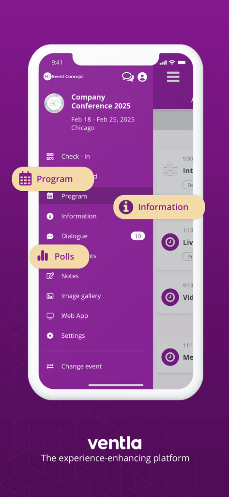 Interface do aplicativo móvel Ventla exibindo um menu de conferência de empresa com informações de programa e enquetes ao vivo