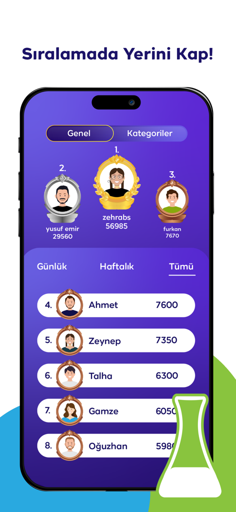 Pantalla de tabla de clasificación en la aplicación TRT Bil Bakalım que muestra los mejores rankings y puntuaciones de jugadores.