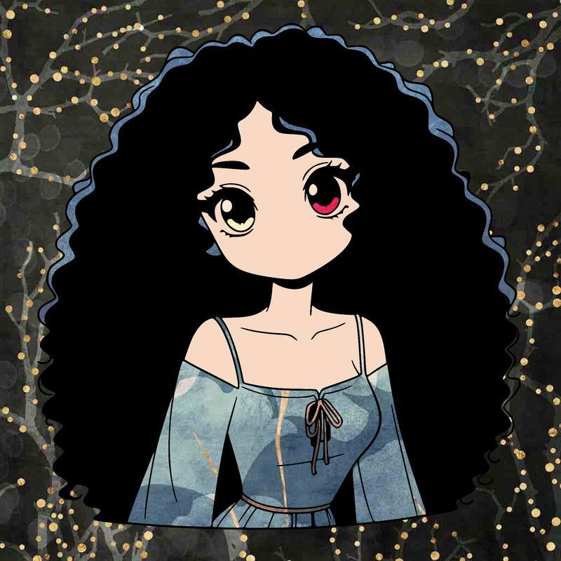 a black anime girl with long afro hair