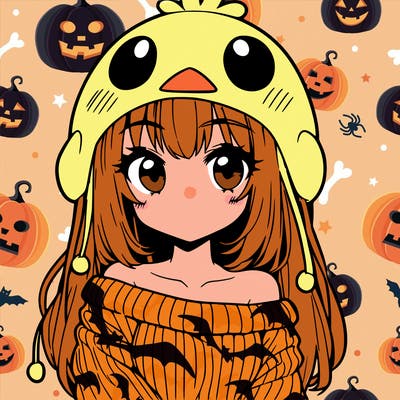 anime girl with chick shaped hat with sweater with bare shoulders with bangs covering them one eye with low tail