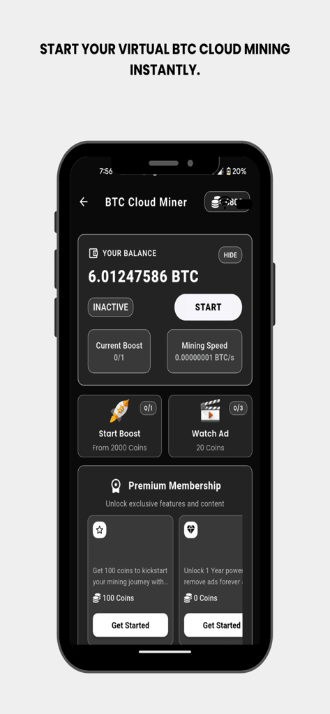 BTC Mining Cloud Sim - Interface of BTC Mining Cloud Sim showing virtual balance and start button