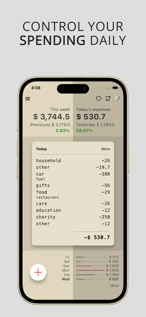 Pantalla de smartphone de la aplicación ¡¿Se acabó el dinero?! que muestra categorías de gastos diarios y totales de gastos semanales