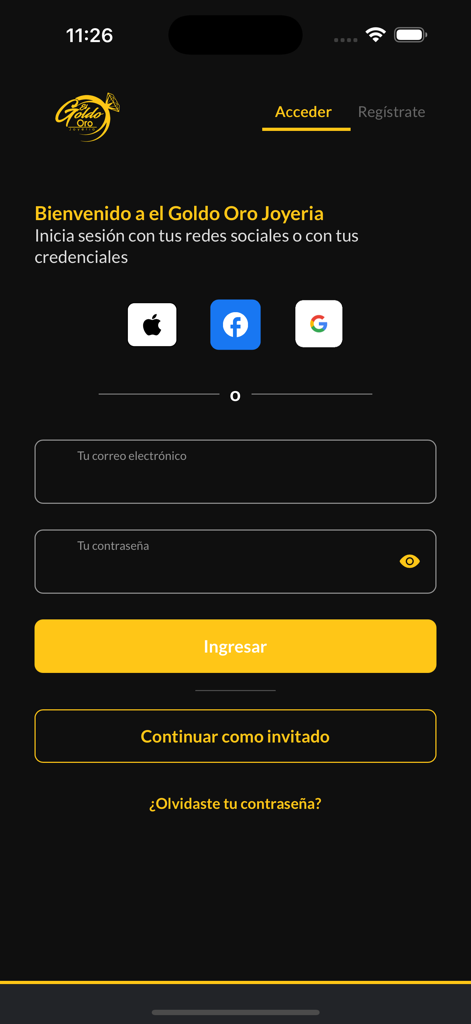 El Goldo Oro - Login screen of El Goldo Oro jewelry app featuring social login and email sign in.