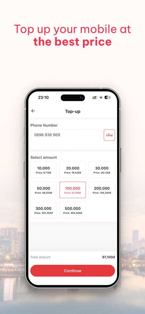 myLocal.vn - La interfaz de recarga de la aplicación myLocal.vn mostrando varios paquetes de crédito móvil y precios con descuento para viajeros en Vietnam.