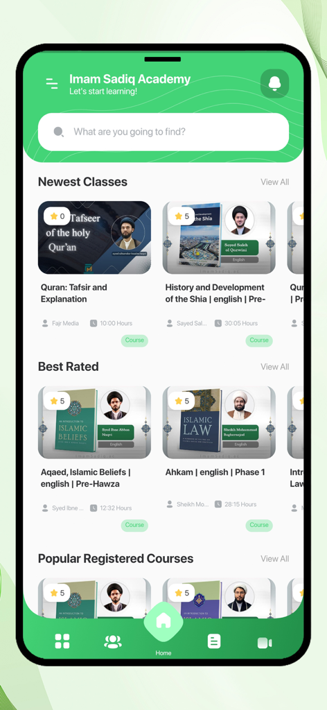 Imam Sadiq Academy - Imam Sadiq Academy mobile app dashboard displaying various Islamic education courses
