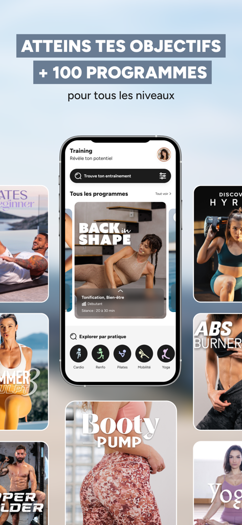 Sport & Nutrition - TSE - Interfaz de la app Trainsweateat que muestra más de 100 programas de fitness, incluyendo pilates de cardio y yoga