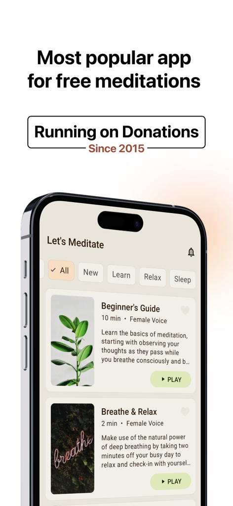 Let's Meditate - Relax & Sleep - Lets Meditate app home screen on an iPhone showing free meditation tracks and categories like Learn and Relax