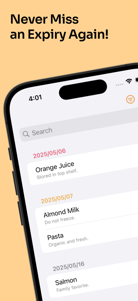 Aplicación Temporizador de Comida mostrando una lista de artículos de comestibles y sus fechas de caducidad