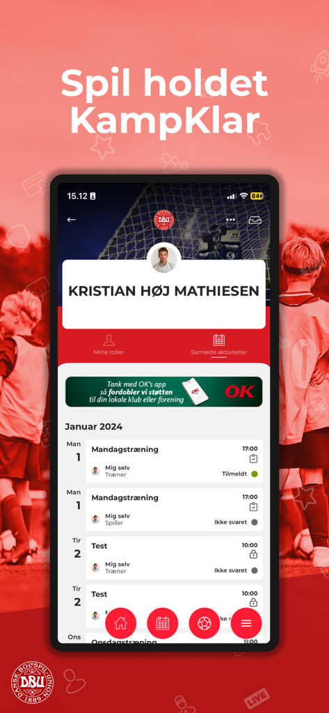 The KampKlar team management screen in the DBU Fodbold app showing training activities