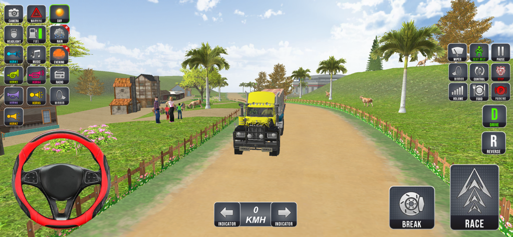 US Cargo Truck Driving 3D Game - Camión de carga amarillo conduciendo por un camino de tierra rural en un juego simulador 3D