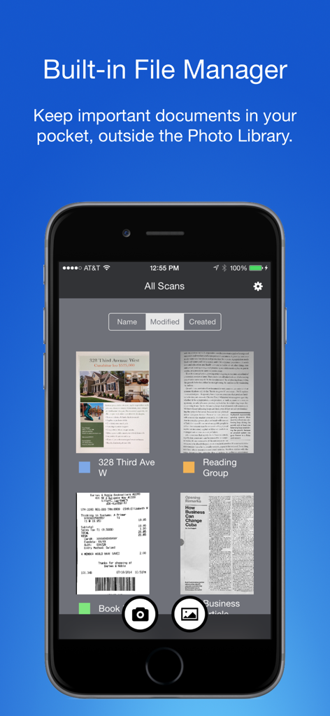 整理されたドキュメント管理のためのカラーコーディングタグが表示された組み込みファイルマネージャーを示すスマートPDFドキュメントスキャナーアプリ