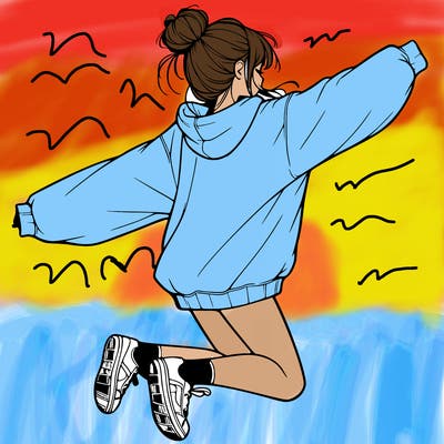 realistic girl jumping with a bun and oversized sweatshirt