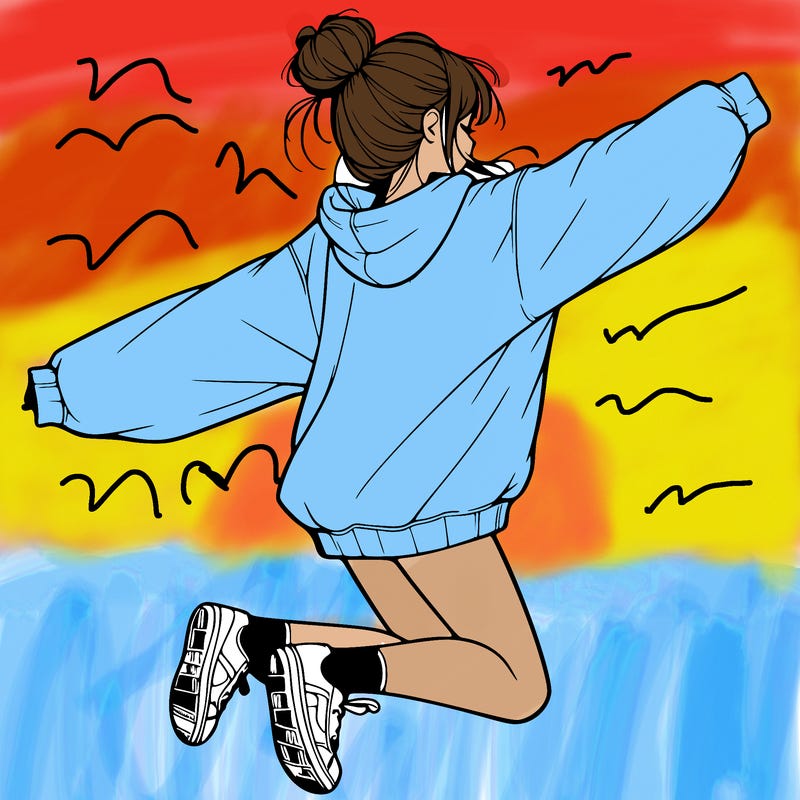 realistic girl jumping with a bun and oversized sweatshirt