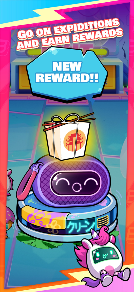 A colorful game screen showing cute cyberpunk robots and a new reward notification after an expedition.