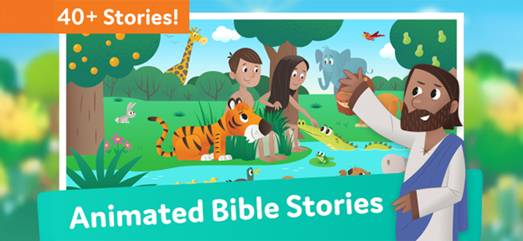 Cartoon illustration of Adam and Eve in the Garden of Eden from the Bible App for Kids