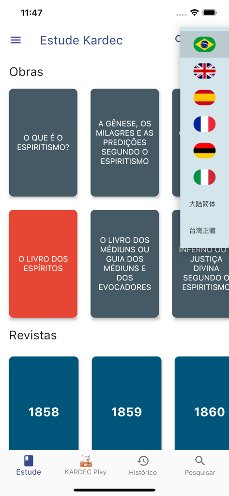 Kardecpedia - Kardecpedia app main screen showing a digital library of Allan Kardec books with a language selection menu