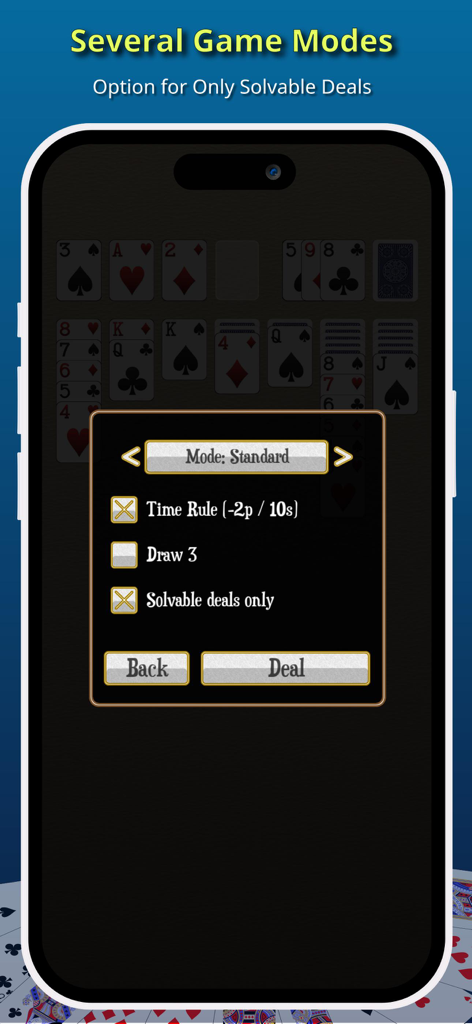 Solitaire [Card Game] - ソリティアゲームモード選択画面。標準モードと解決可能なディールが表示されます。