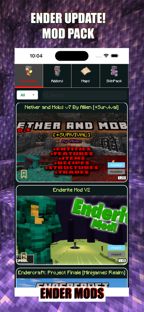 Pixelmon Addons - Minecraft PE - Interface of Pixelmon Addons app showing various Ender mods and mod packs for Minecraft PE