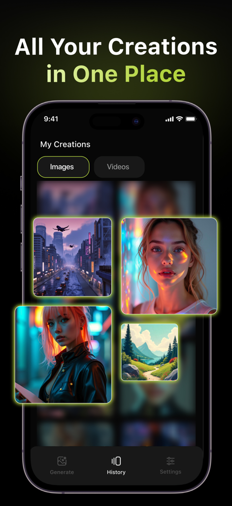 Motion : AI Video Generator - A mobile app screen showing a gallery of AI-generated images in the My Creations section.