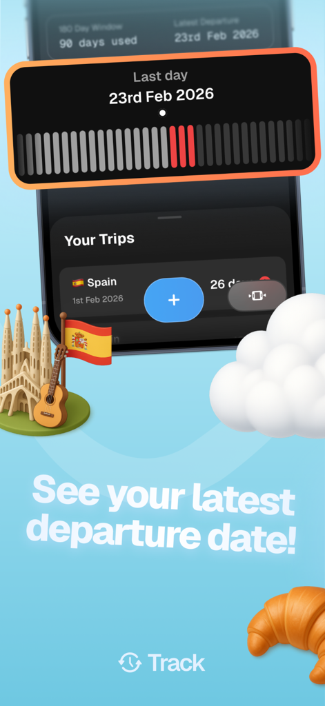 90 Days in Europe - Interface of the 90 Days in Europe app displaying a trip to Spain and the calculated latest departure date.