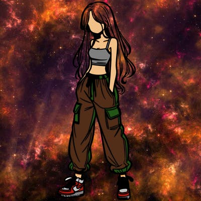 girl in baggy pants crop top and long hair