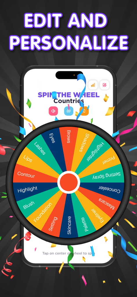 Interface of Spin The Wheel app showing a custom colorful wheel with makeup categories and confetti