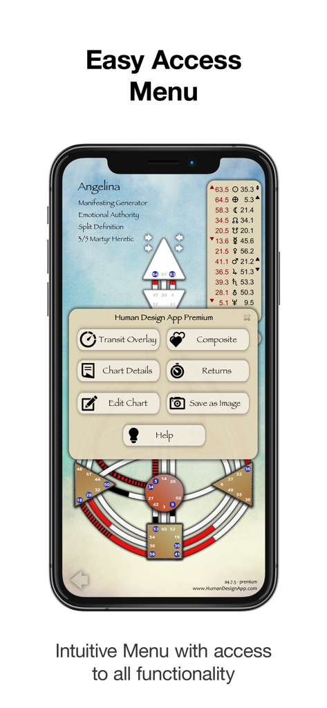 Human Design App - Uno smartphone che mostra l'interfaccia dell'App Human Design con un menu intuitivo di facile accesso con opzioni di sovrapposizione dei transiti e grafici compositi.