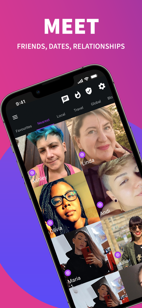 Wapa: Lesbian Dating & Chat - Smartphone displaying the Wapa app interface with several profile pictures of women under the Nearest tab