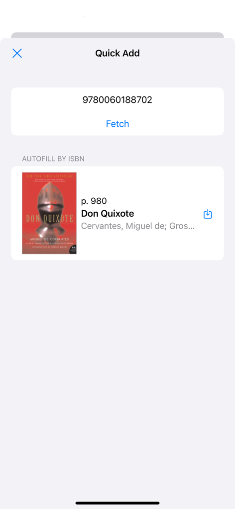 Bookends - Pantalla de Añadir Rápido de la aplicación Bookends mostrando una referencia de libro obtenida mediante autocompletado ISBN.
