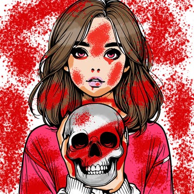 realistic girl holding a skull