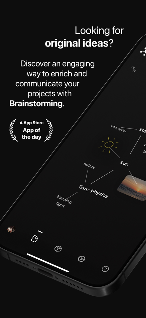 接続されたアイデアや概念のインタラクティブなテーマ別クラウドを示す、Brainstormingアプリのインターフェースが表示されたスマートフォン。
