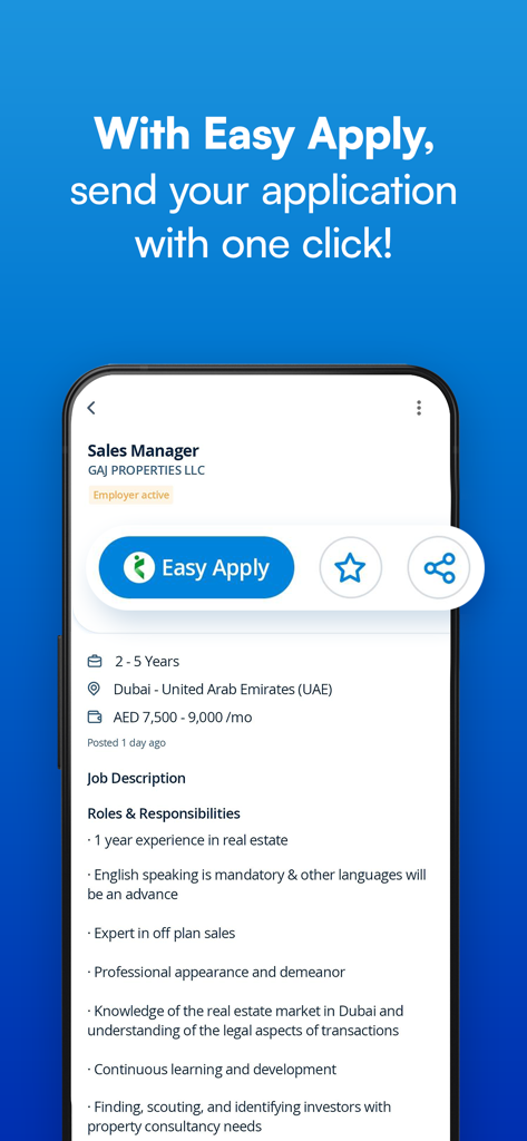 Naukrigulf Job Search App - Naukrigulf 앱 스크린샷, 두바이의 영업 관리자 채용 목록과 쉬운 지원 버튼 표시