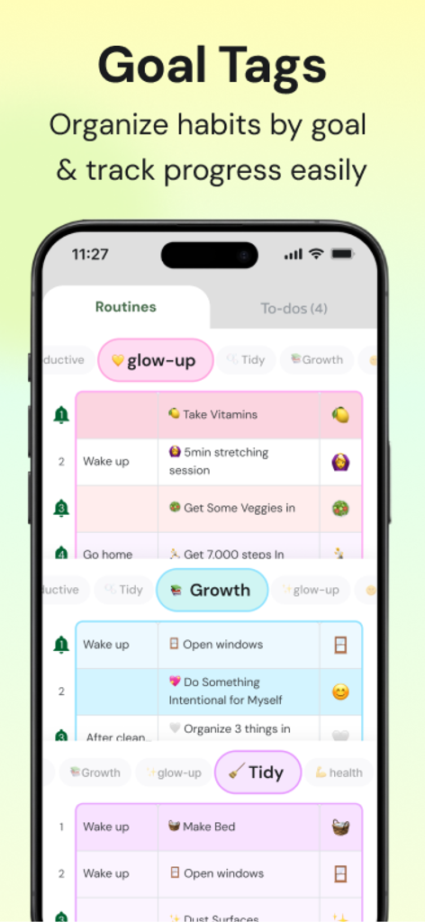 MyRoutine app interface showing habit organization using goal tags like glow-up and growth