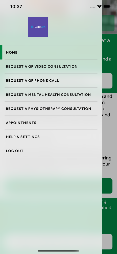 Menu de navegação do aplicativo móvel Health365 mostrando opções para consultas médicas por vídeo e telefone