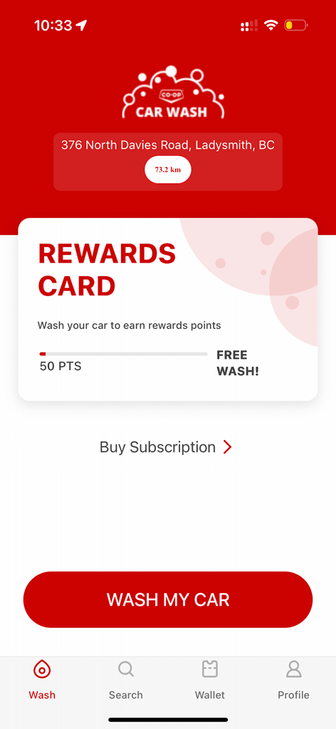 Co-op Car Wash - Home screen of the Co-op Car Wash app showing a rewards card with 50 points and a large red Wash My Car button