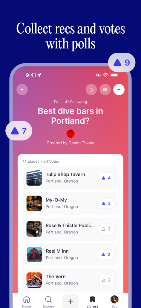 North - Save & Share Places - Una captura de pantalla de la aplicación North que muestra una encuesta titulada Mejores bares de buceo en Portland con una lista clasificada de lugares y recuentos de votos de usuarios.