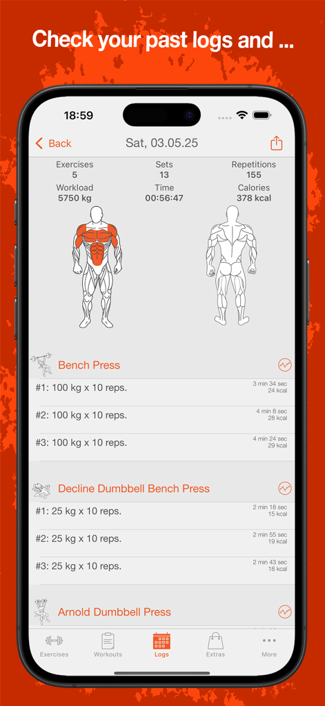 Interfaz de la app Fitness Point mostrando un resumen detallado del registro de entrenamiento de gimnasio con resaltados de grupos musculares y estadísticas de levantamiento de pesas