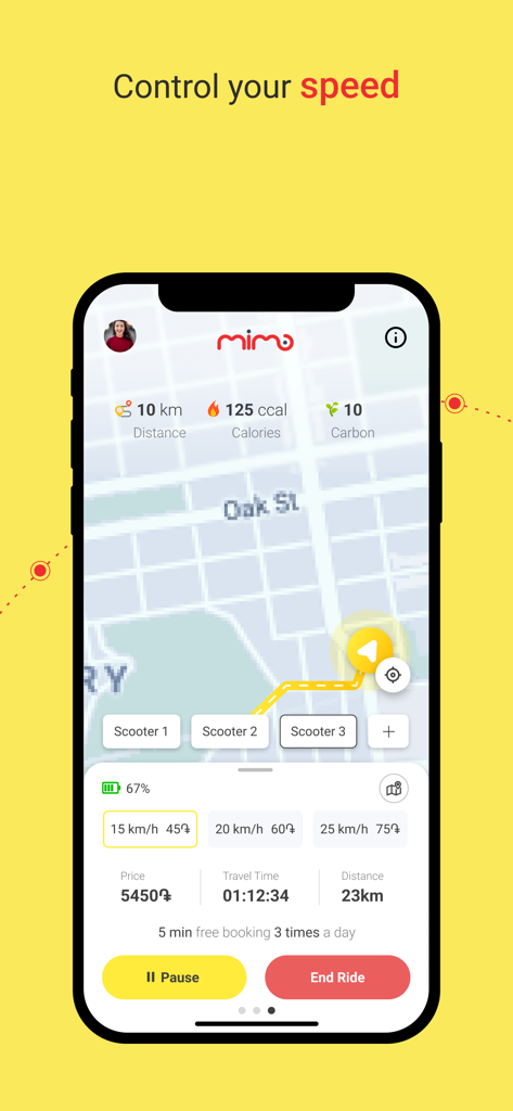 Interfaz de la aplicación Mimo que muestra opciones de control de velocidad y estadísticas de viaje para el alquiler de patinetes