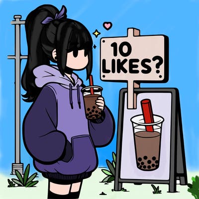girl with oversized hoodie drinking boba and she has a high ponytail with a sign that says 10likes?
