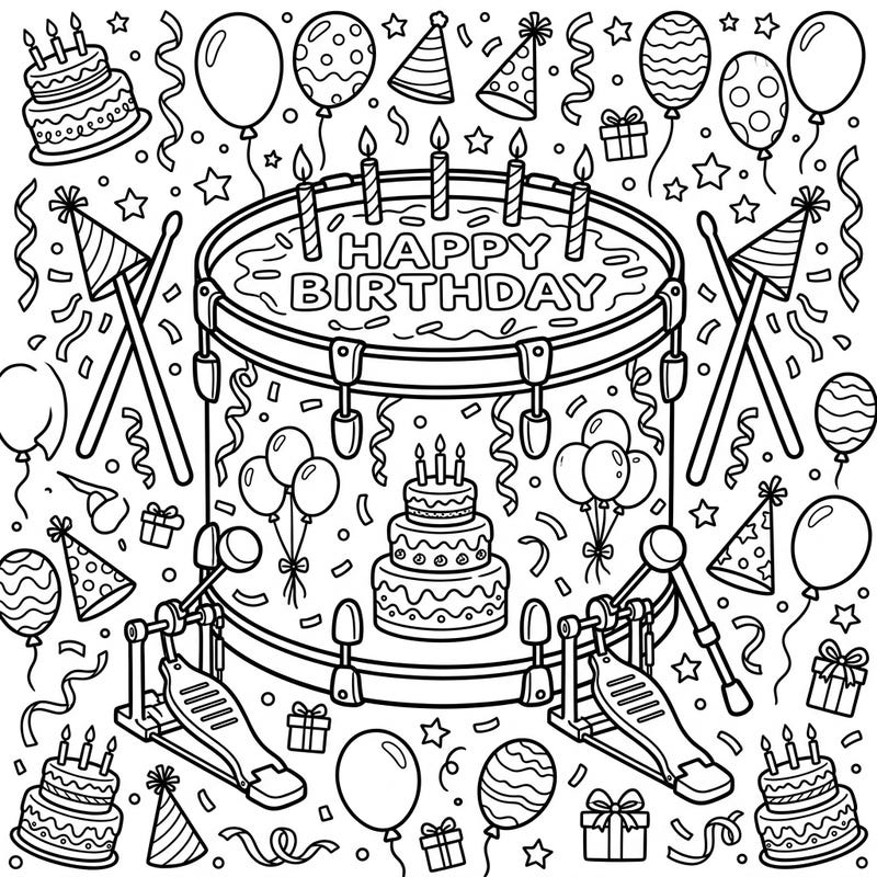 Dive into a unique birthday celebration with this festive coloring page featuring a bass drum adorned with 'Happy Birthday' and surrounded by party elements. Perfect for music lovers and birthday enthusiasts, it promises a fun and detailed coloring experience.