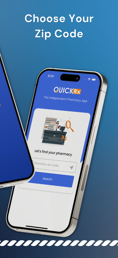 Quick Rx - iPhone showing the Quick Rx app pharmacy locator screen where users can enter a zip code to find a nearby pharmacy