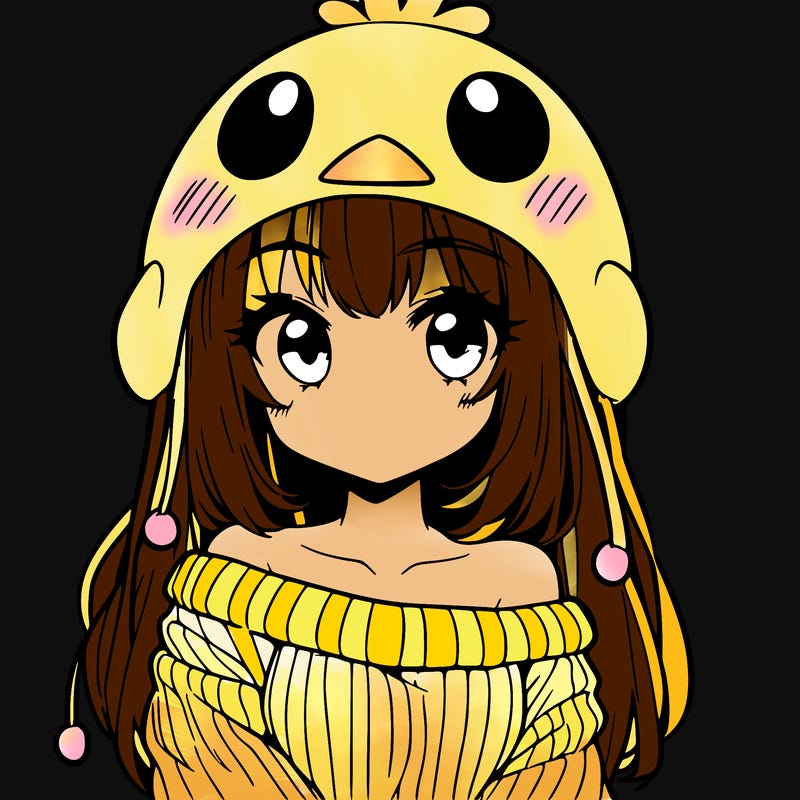 anime girl with chick shaped hat with sweater with bare shoulders with bangs covering them one eye with low tail
