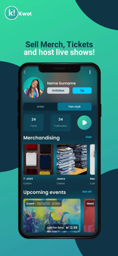 Kwot! - Video, Music & Podcast - Kwot app interface showing an artist profile with fan club membership and merchandise listings