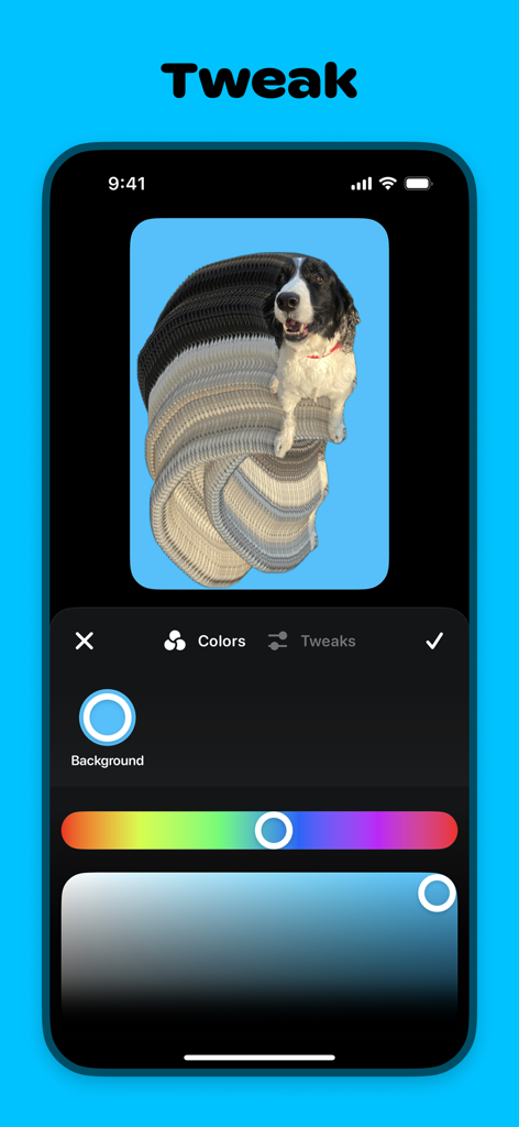 Gizmo: Make Gizmos - Gizmo app interface for tweaking image colors and backgrounds with a 3D dog effect
