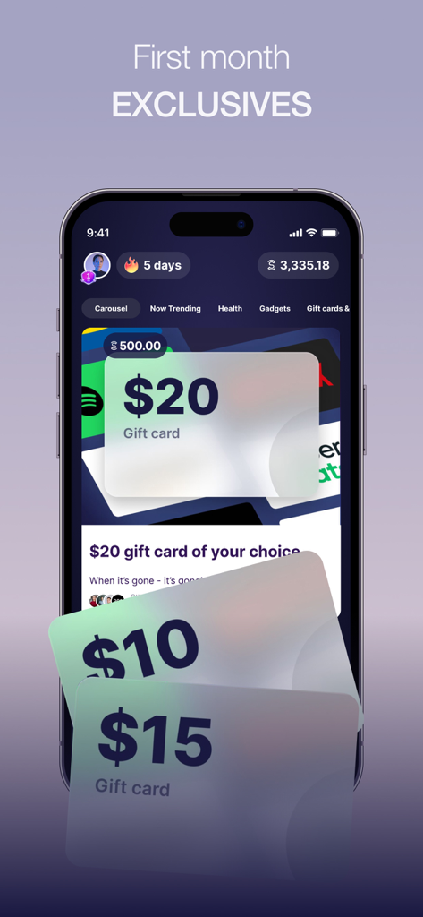 Sweatcoin Walking Step Counter - Pantalla del mercado de la aplicación Sweatcoin que muestra recompensas exclusivas de tarjetas de regalo por pasos al caminar